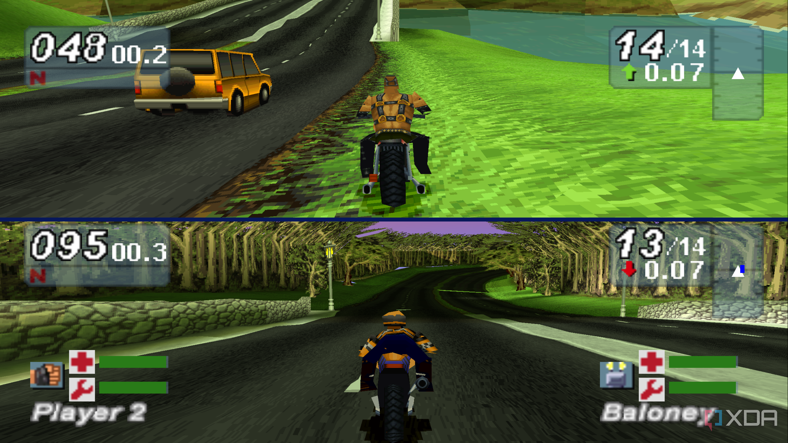 Split-screen racing in Road Rash: Jailbreak.