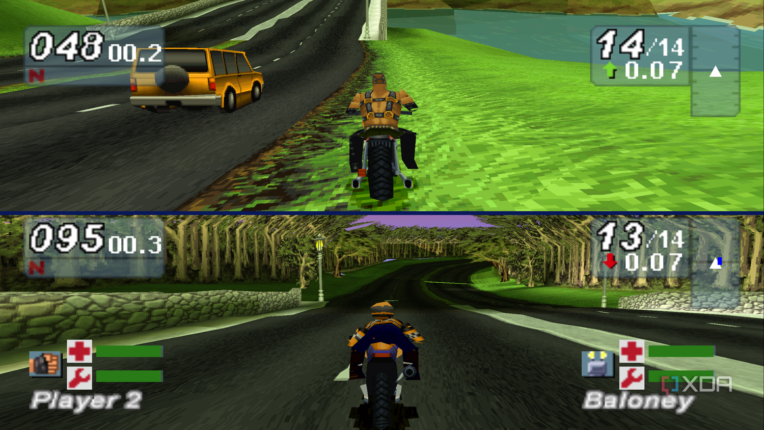 Split-screen racing in Road Rash: Jailbreak.
