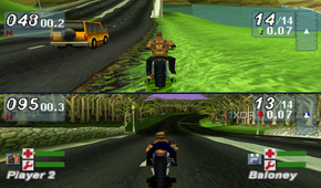 Split-screen racing in Road Rash: Jailbreak.