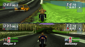 Split-screen racing in Road Rash: Jailbreak.