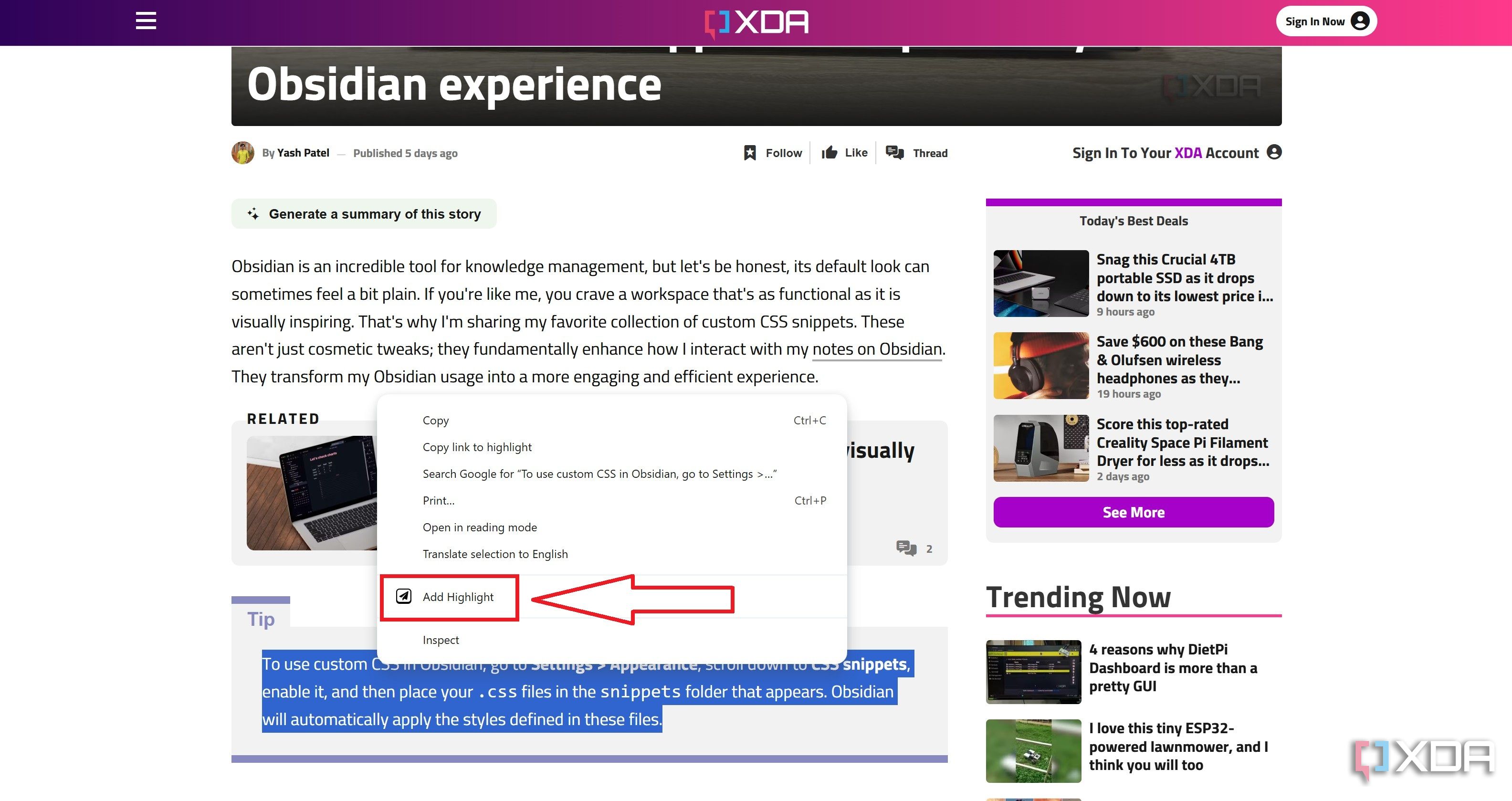 Save text highlights to Notion via Save to Notion Chrome extension
