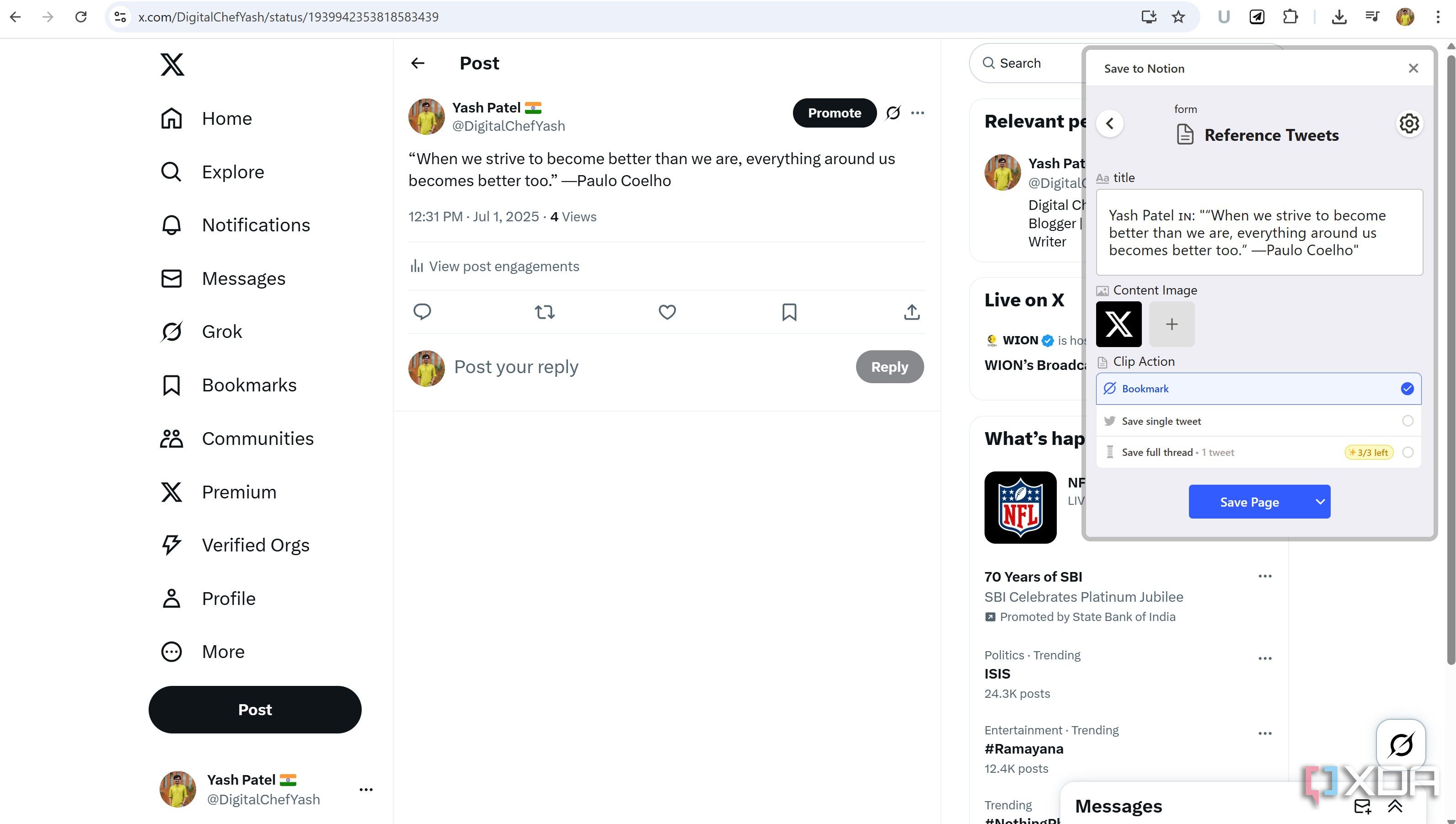 Save tweets to Notion via Save to Notion Chrome extension