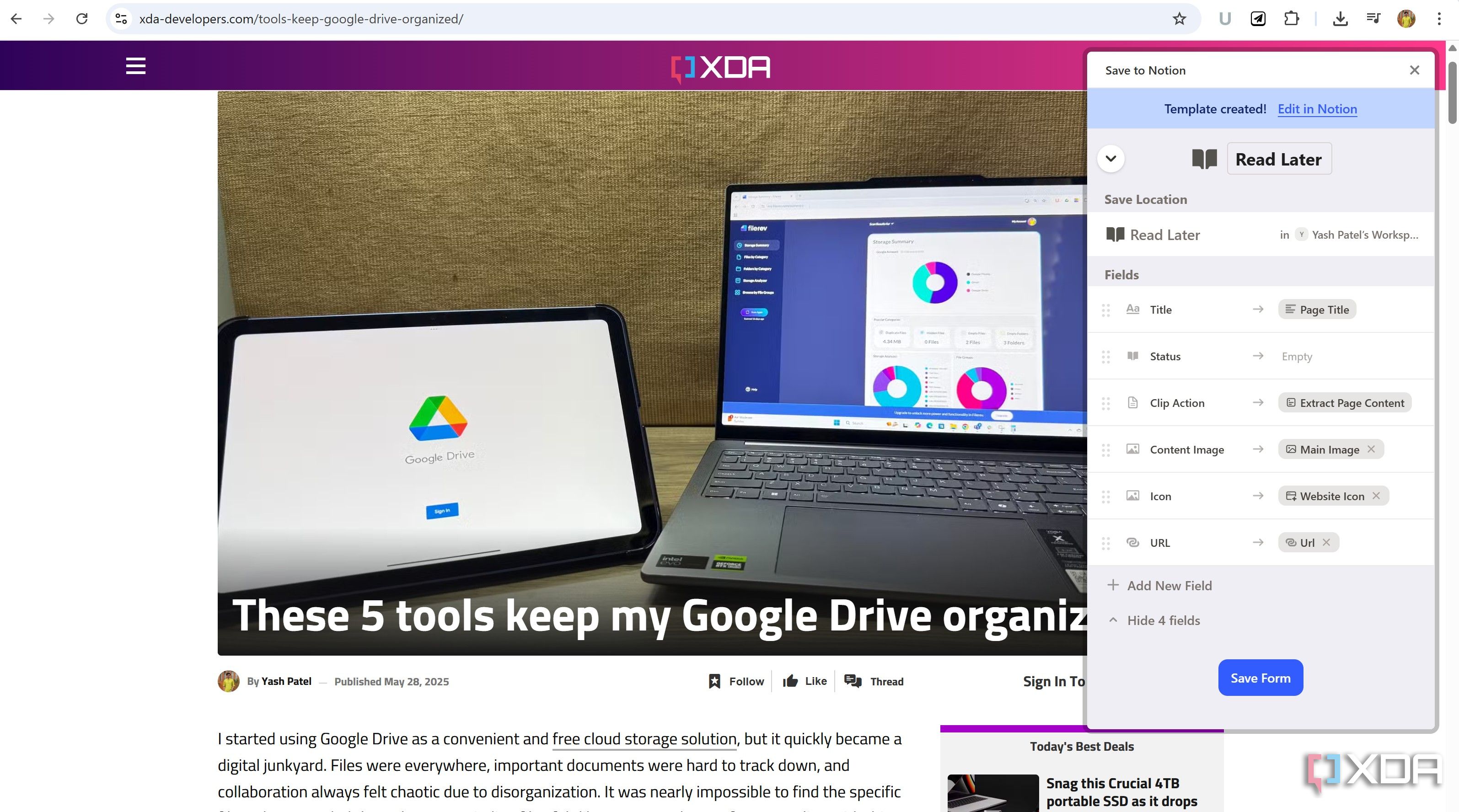Web page properties visible in Save to Notion Chrome extension