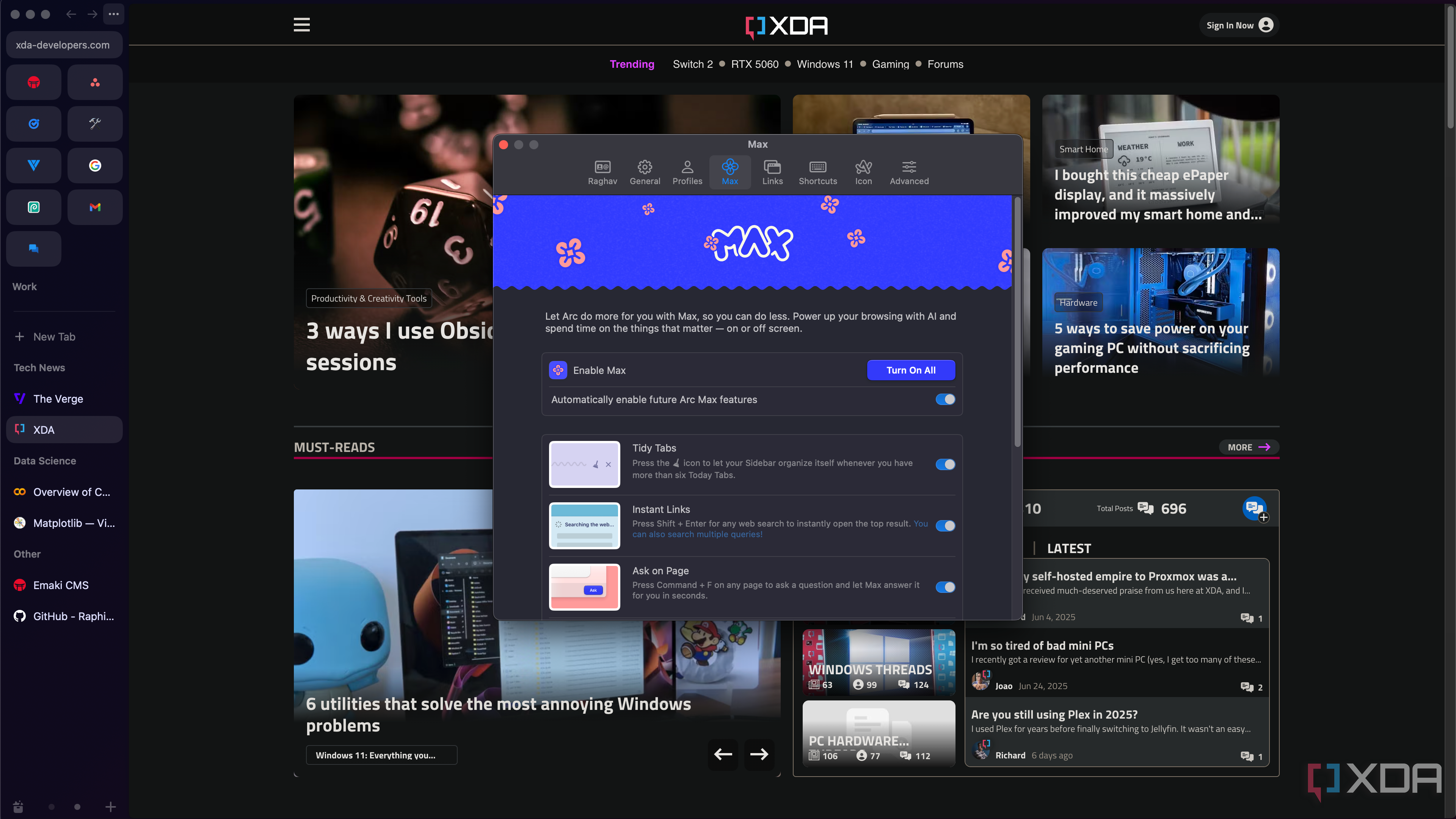 Arc Max menu open with several AI features to choose from