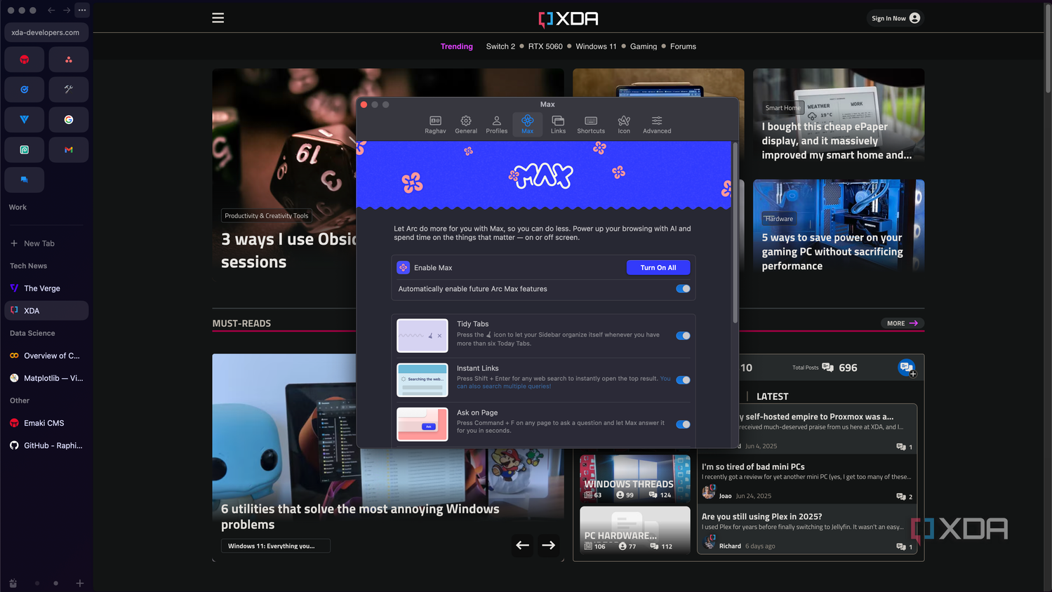 Arc Max menu open with several AI features to choose from