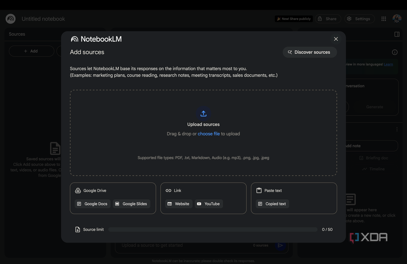 NotebookLM Add Sources page