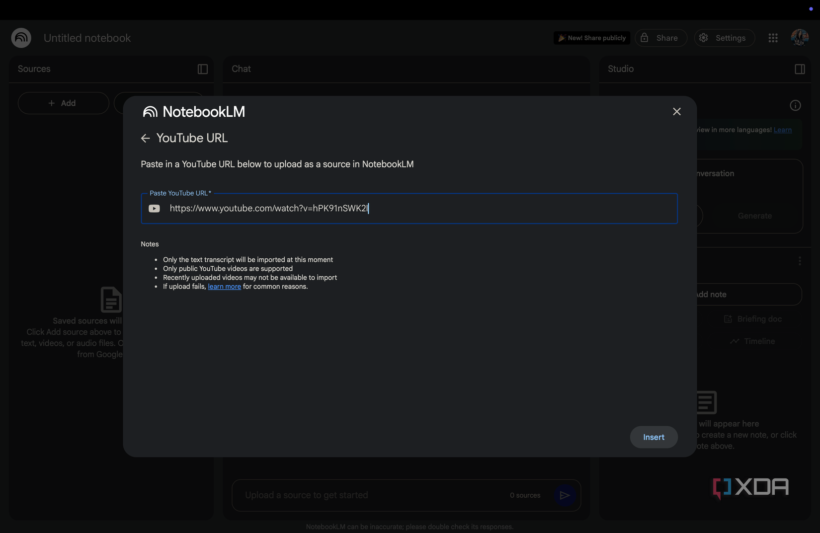Uploading a YouTube URL as a source for a NotebookLM notebook