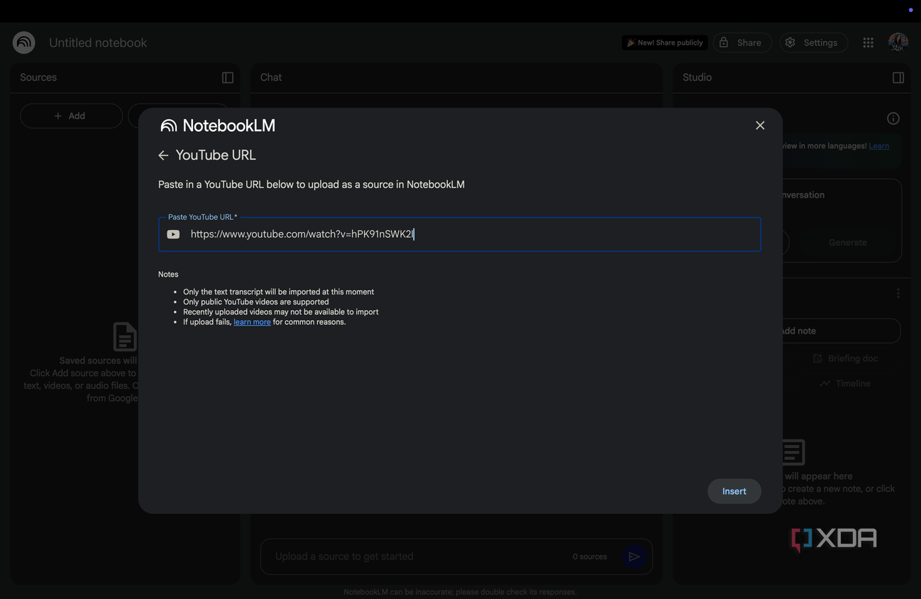 Uploading a YouTube URL as a source for a NotebookLM notebook
