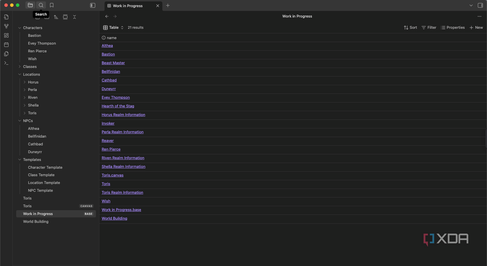 A screenshot of the initial database created by Bases.