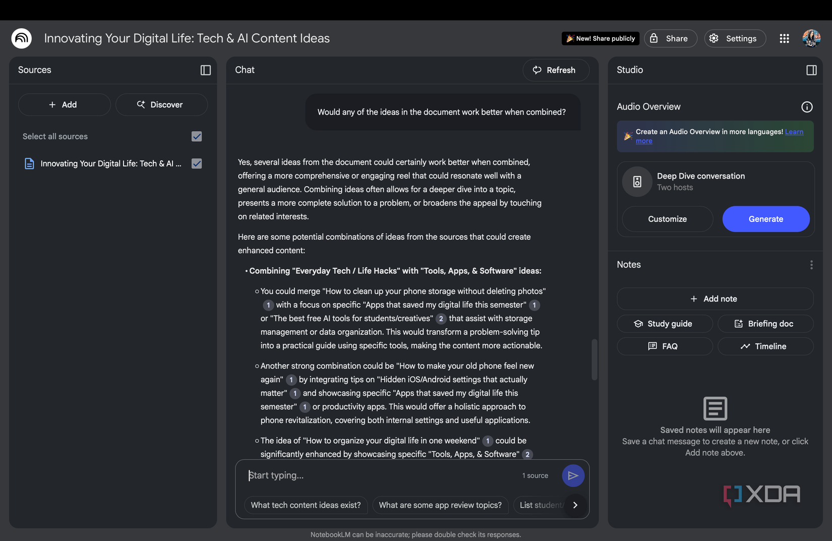 Asking NotebookLM a question regarding my source