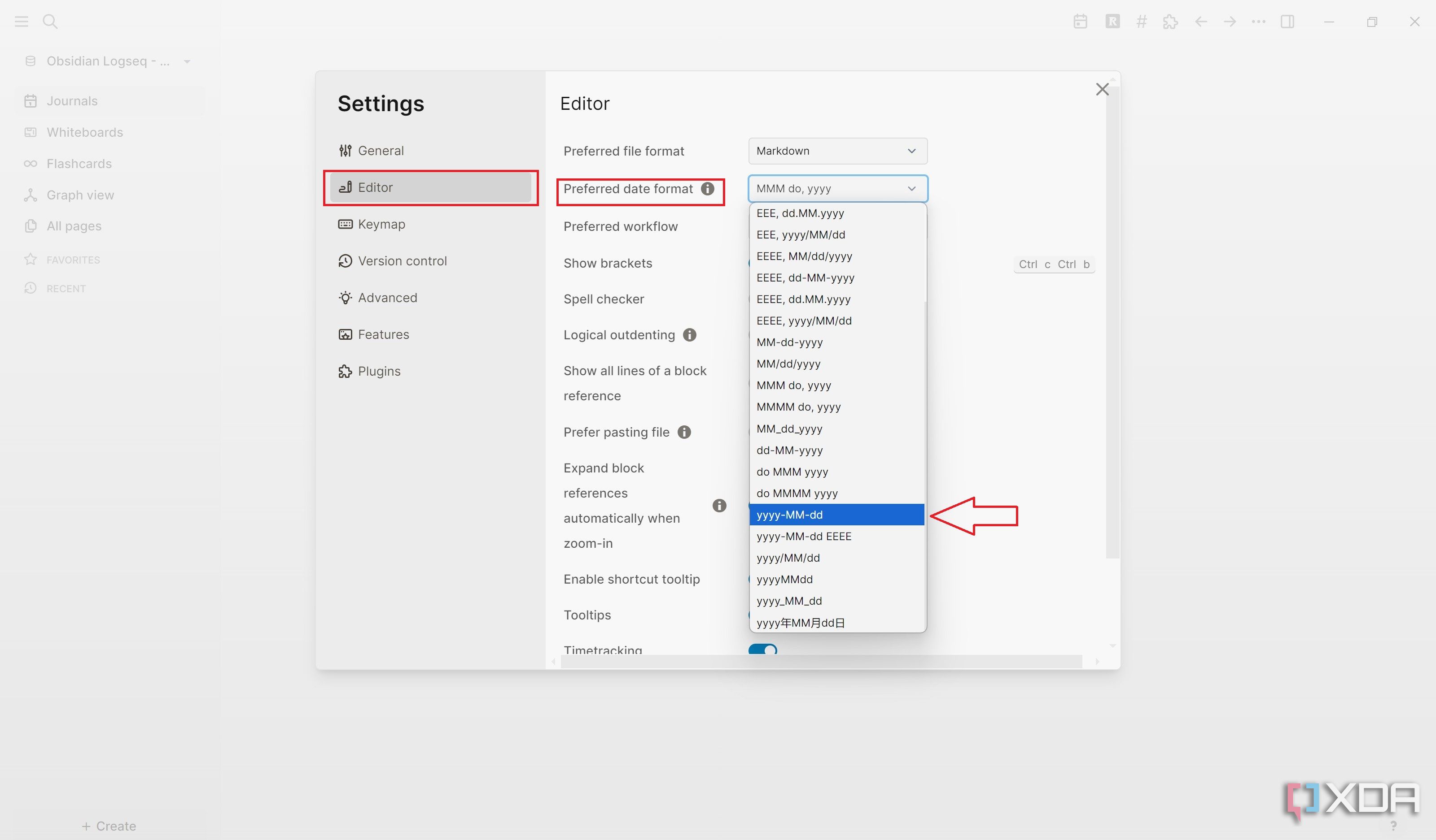 Select date format from Logseq settings