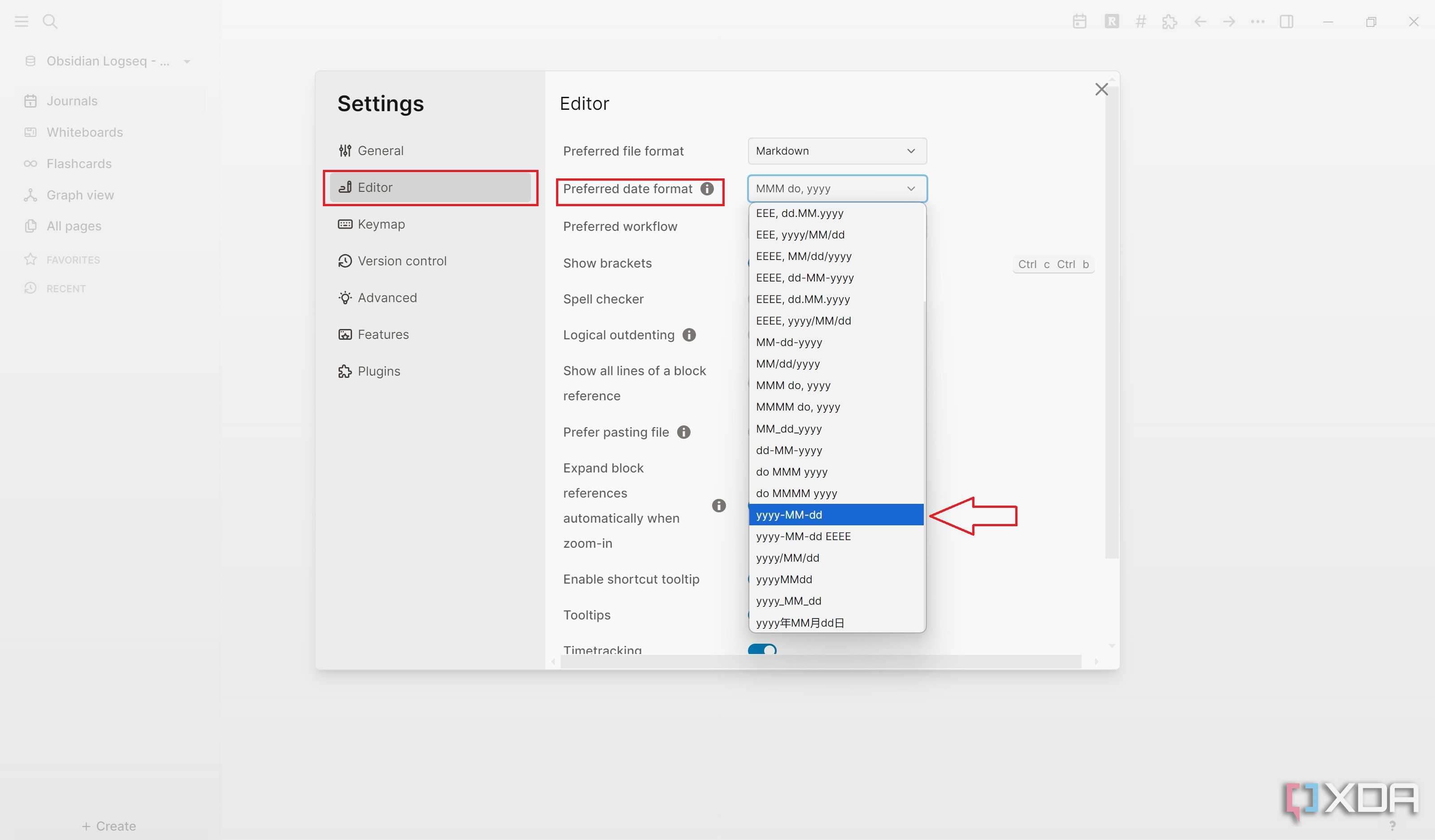 Select date format from Logseq settings