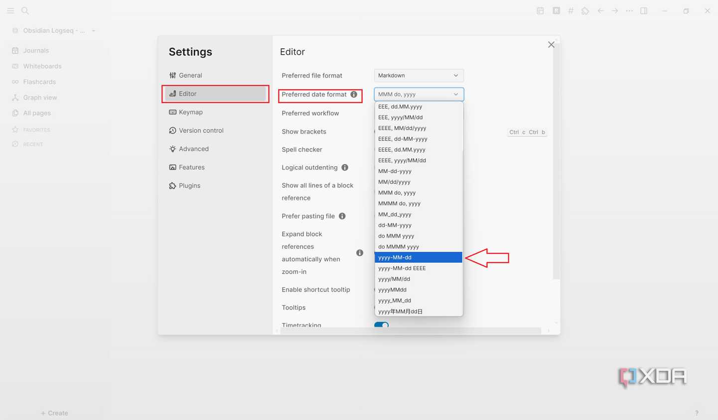 Select date format from Logseq settings