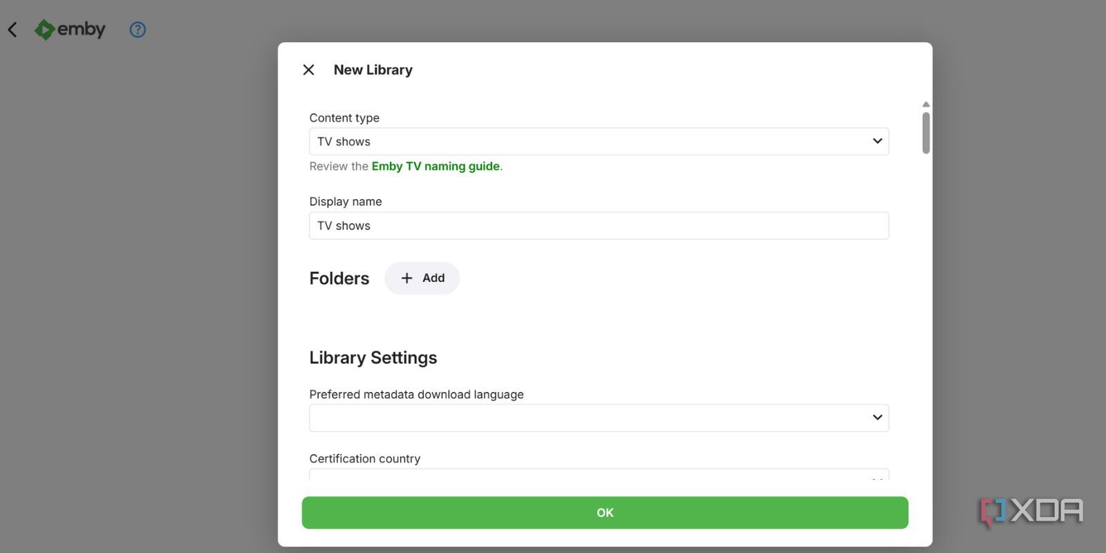 screenshot of setting up emby pi zero2w add media library