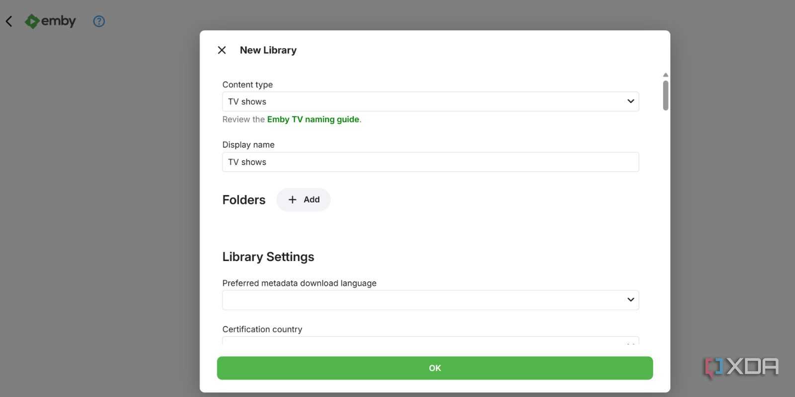 screenshot of setting up emby pi zero2w add media library
