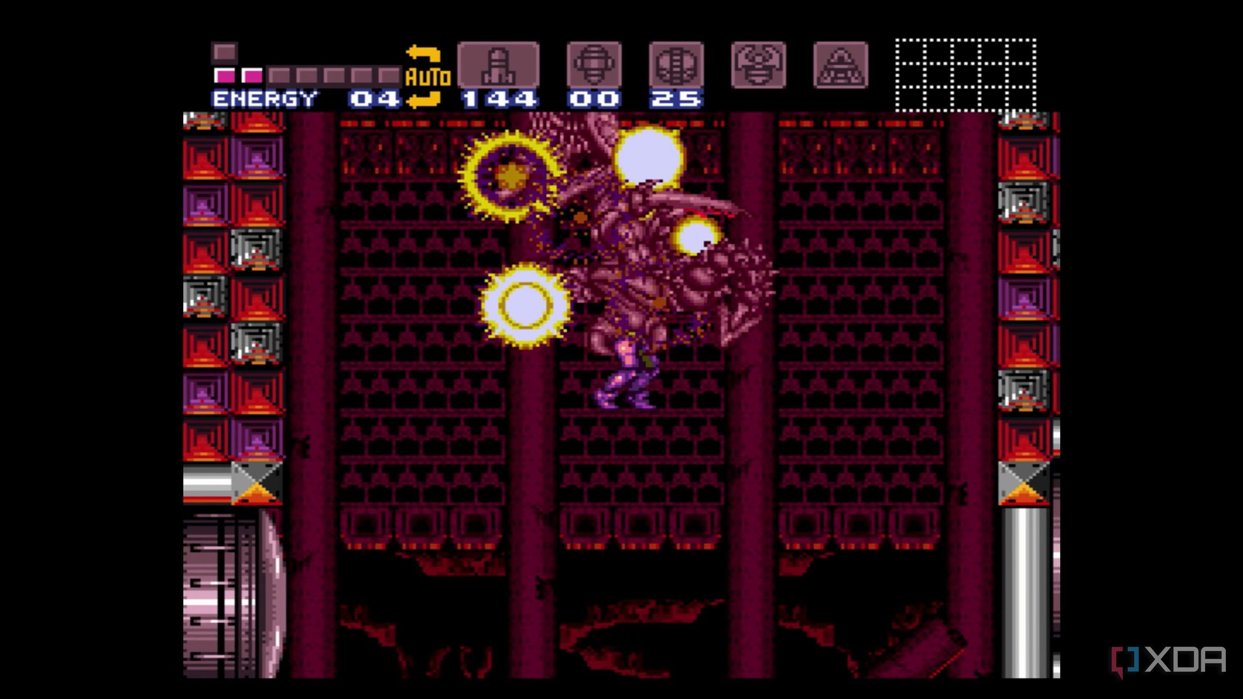 The boss battle against Ridley in Super Metroid, running on SNES9x.