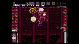 The boss battle against Ridley in Super Metroid, running on SNES9x.