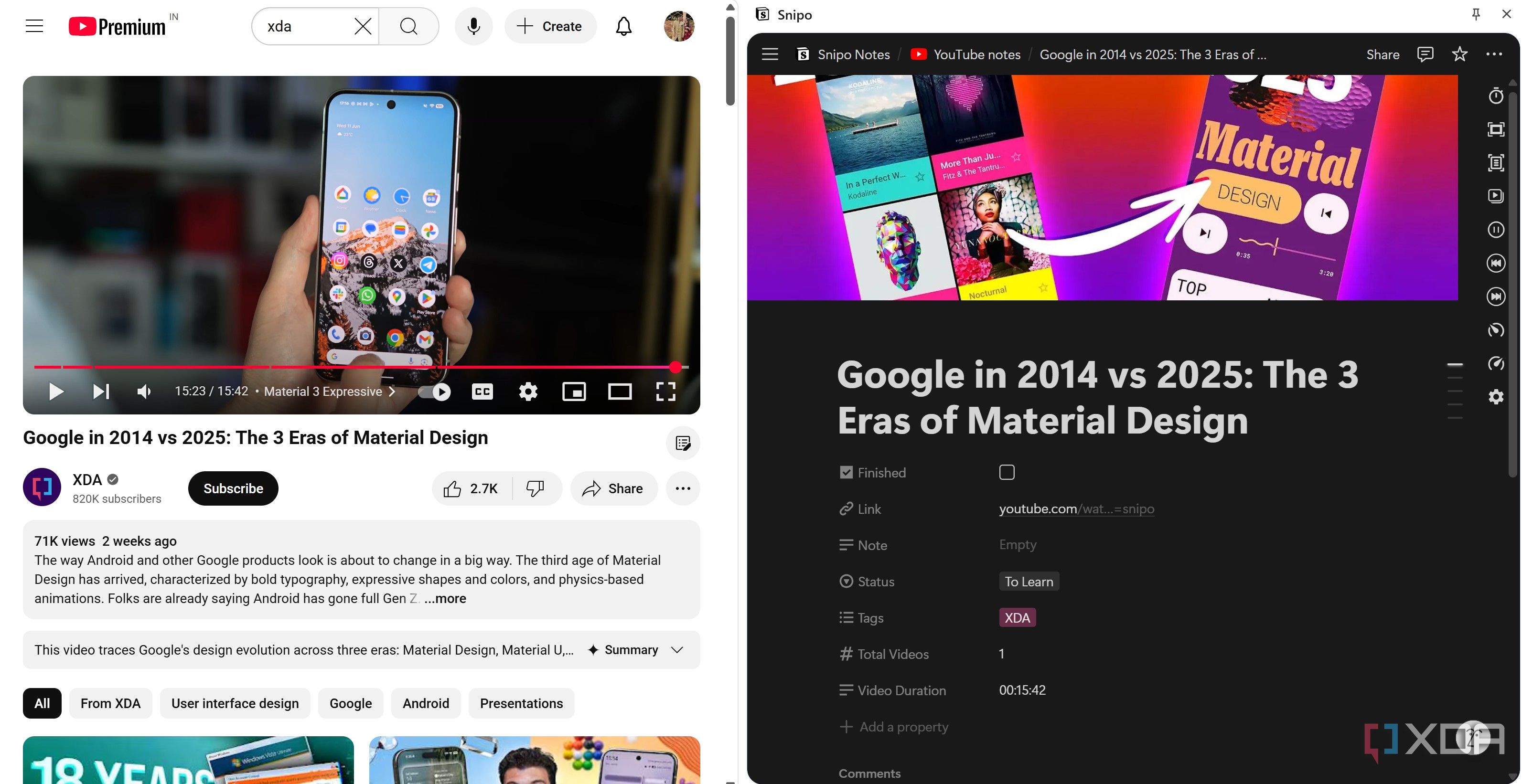 Notion notes visible along side YouTube video via Snipo Chrome extension
