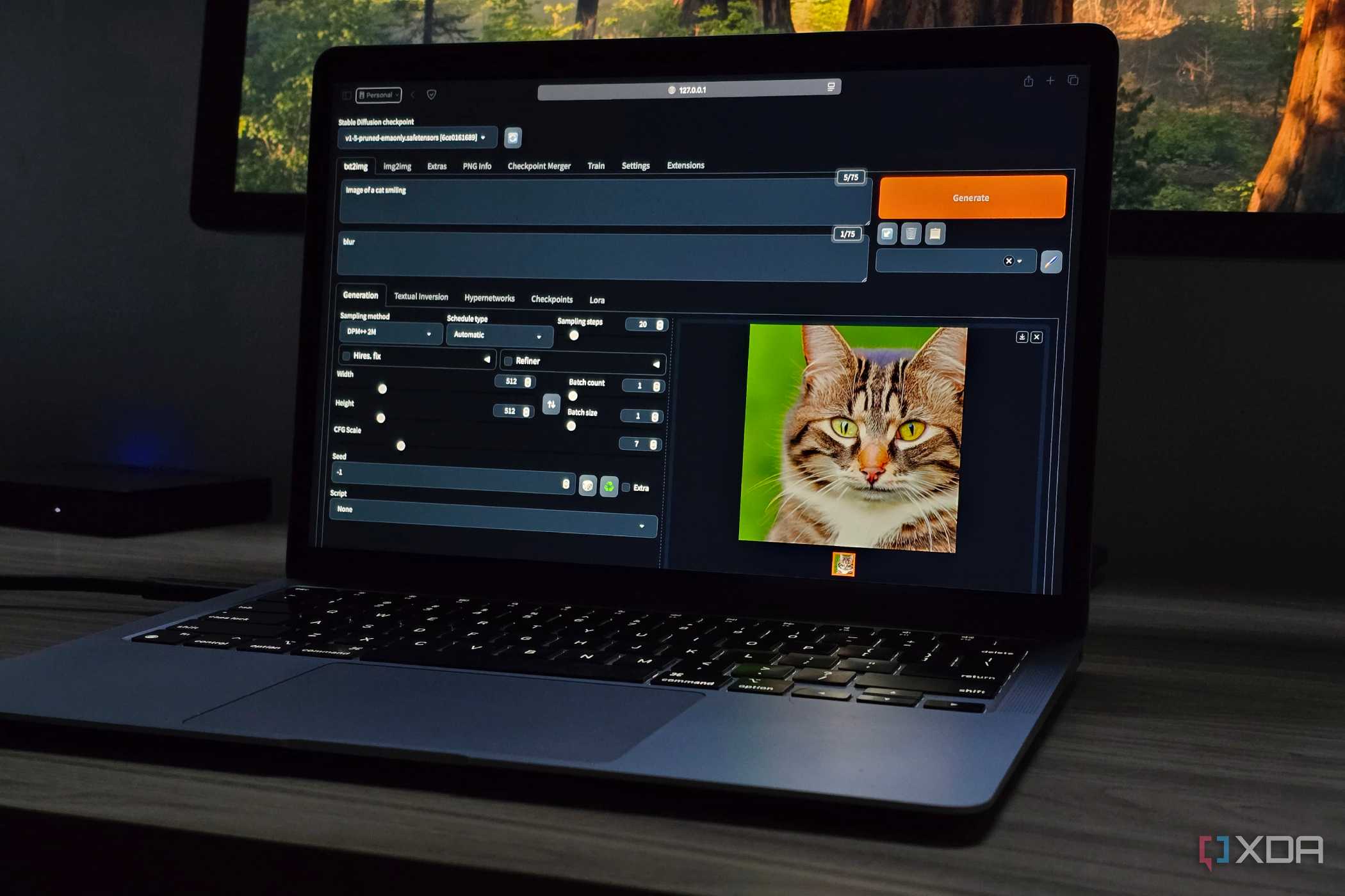 MacBook Air running Stable Diffusion Web UI with an AI generated image of a cat