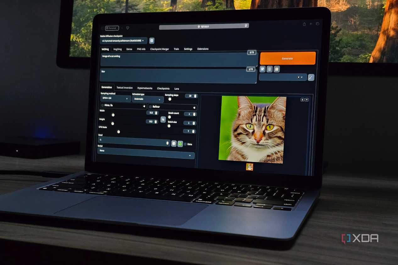 MacBook Air running Stable Diffusion Web UI with an AI generated image of a cat
