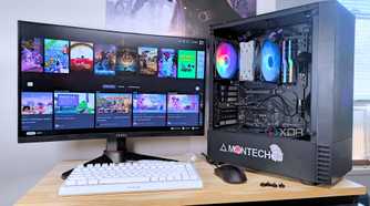 A custom SteamOS gaming PC with the case open
