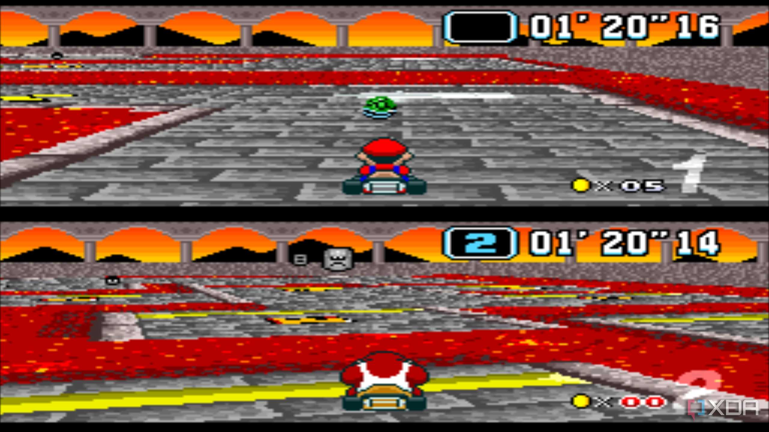 Split-screen racing in Bowser Castle in Super Mario Kart on the SNES.