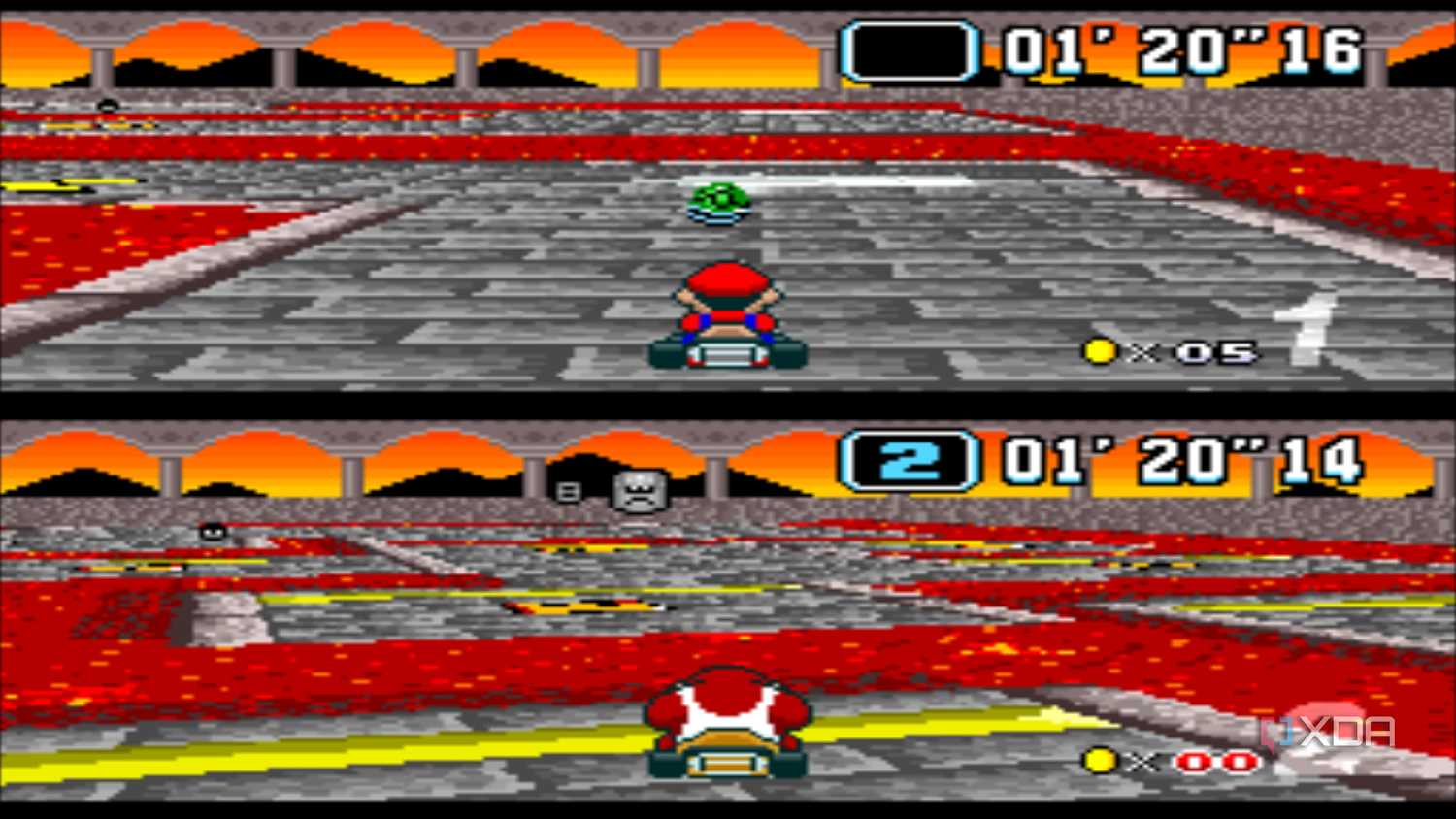 Split-screen racing in Bowser Castle in Super Mario Kart on the SNES.
