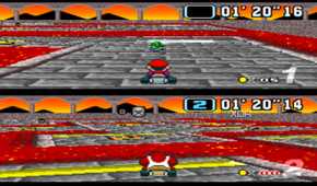 Split-screen racing in Bowser Castle in Super Mario Kart on the SNES.