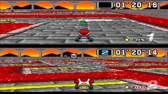 Split-screen racing in Bowser Castle in Super Mario Kart on the SNES.