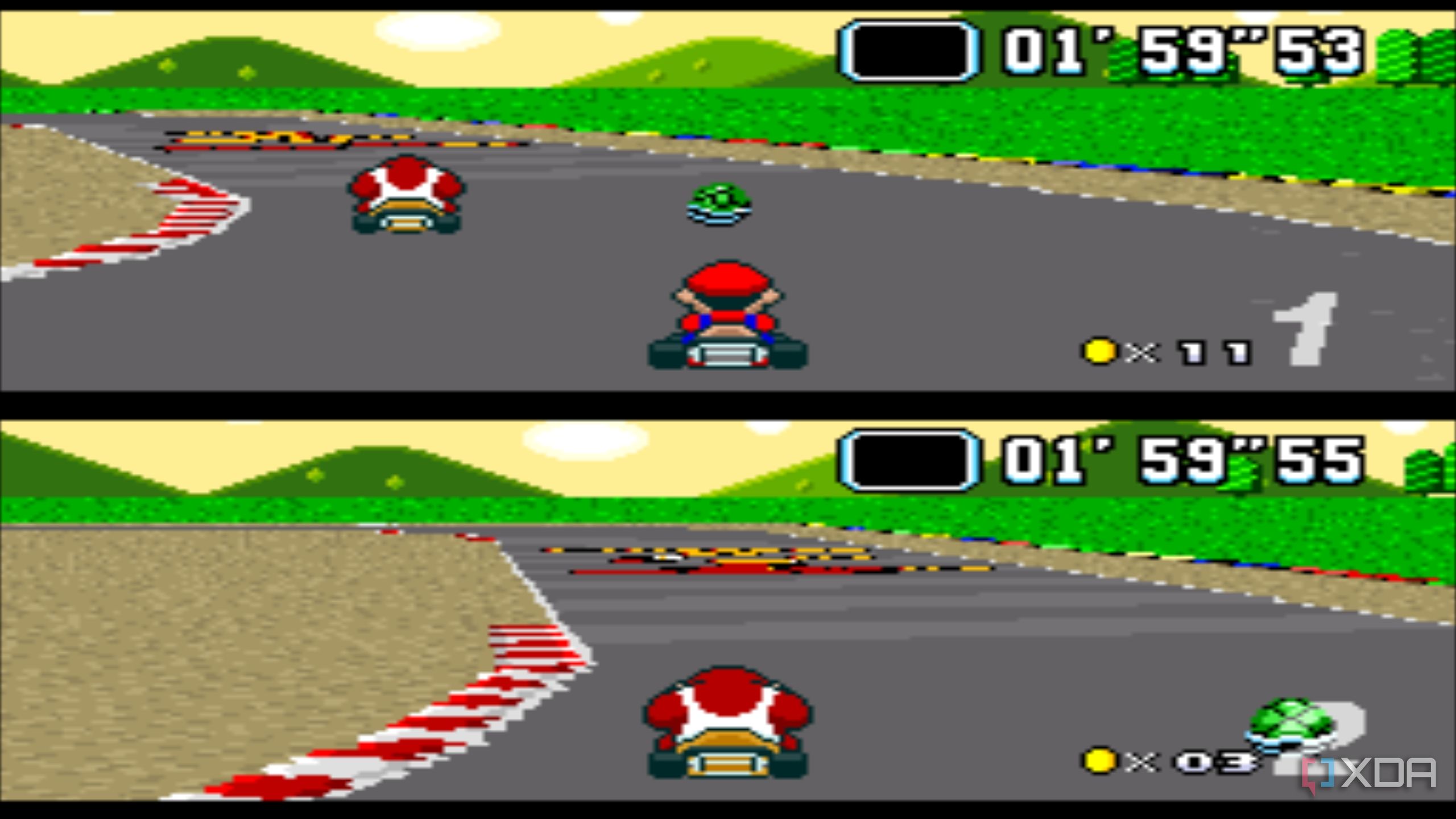 Split-screen racing in Super Mario Kart on the SNES.