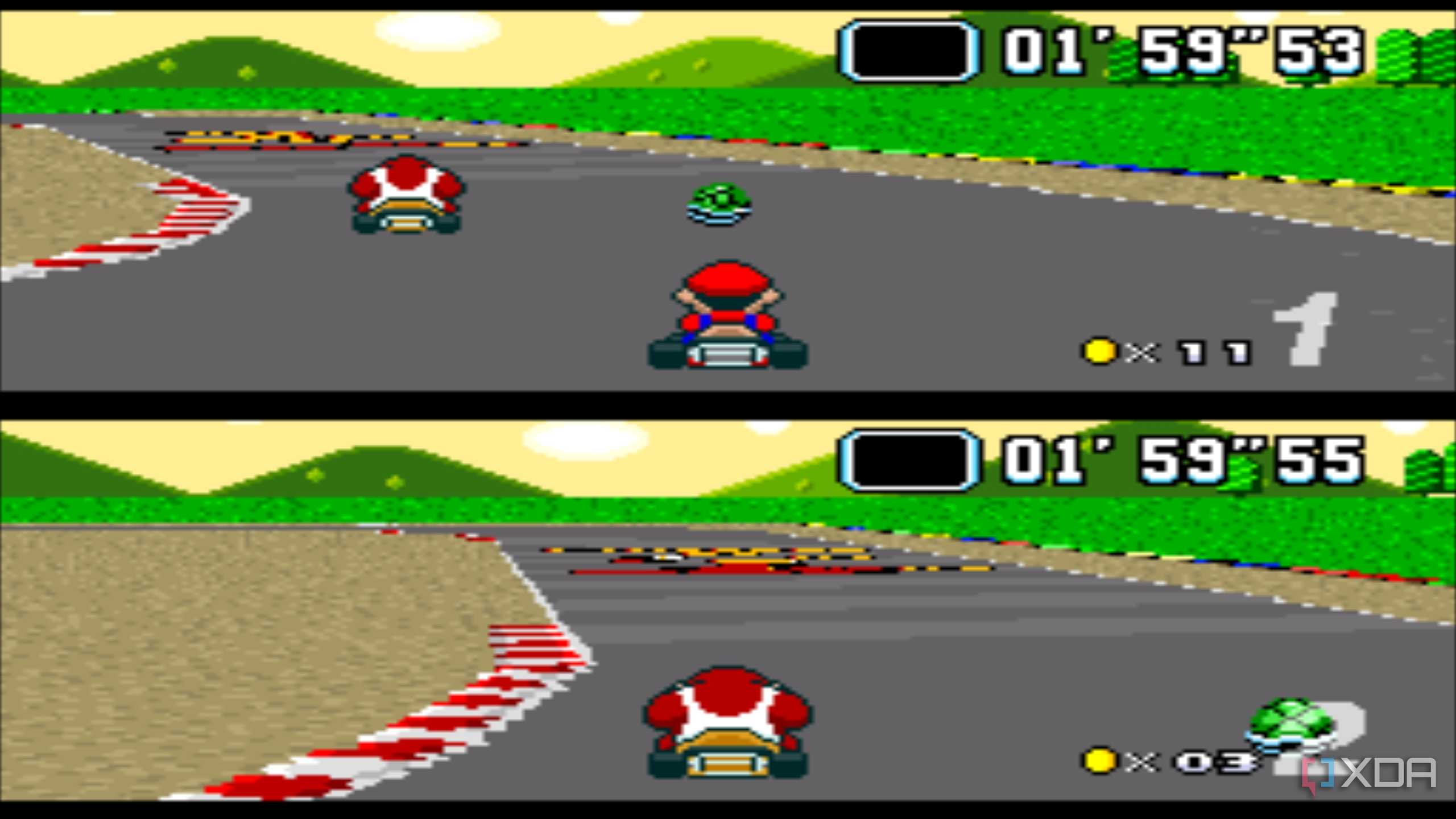 Split-screen racing in Super Mario Kart on the SNES.