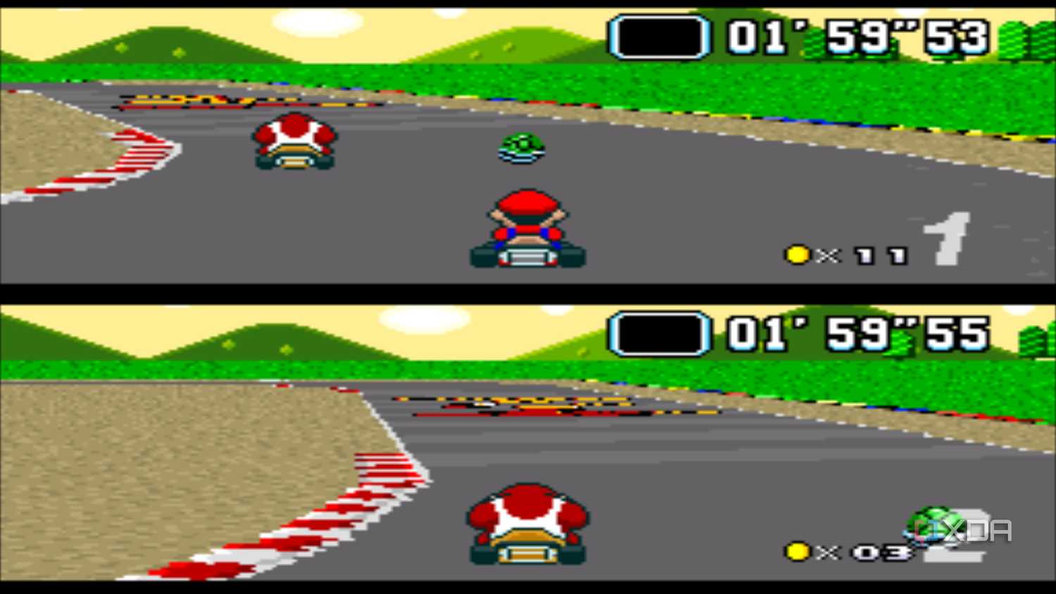Split-screen racing in Super Mario Kart on the SNES.