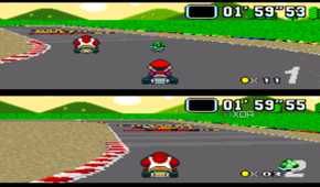 Split-screen racing in Super Mario Kart on the SNES.