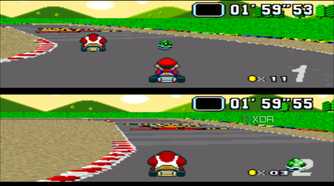 Split-screen racing in Super Mario Kart on the SNES.