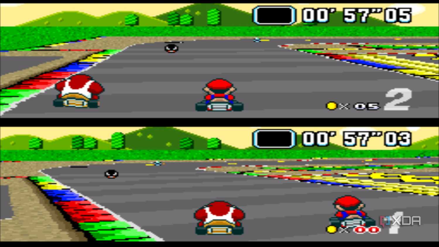 Split-screen racing in Super Mario Kart on the SNES.
