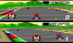 Split-screen racing in Super Mario Kart on the SNES.