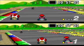 Split-screen racing in Super Mario Kart on the SNES.