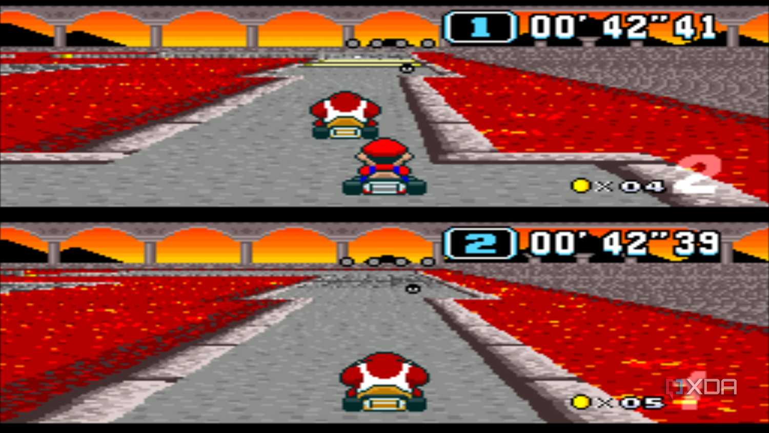 Split-screen racing in Bowser Castle in Super Mario Kart on the SNES.