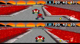 Split-screen racing in Bowser Castle in Super Mario Kart on the SNES.