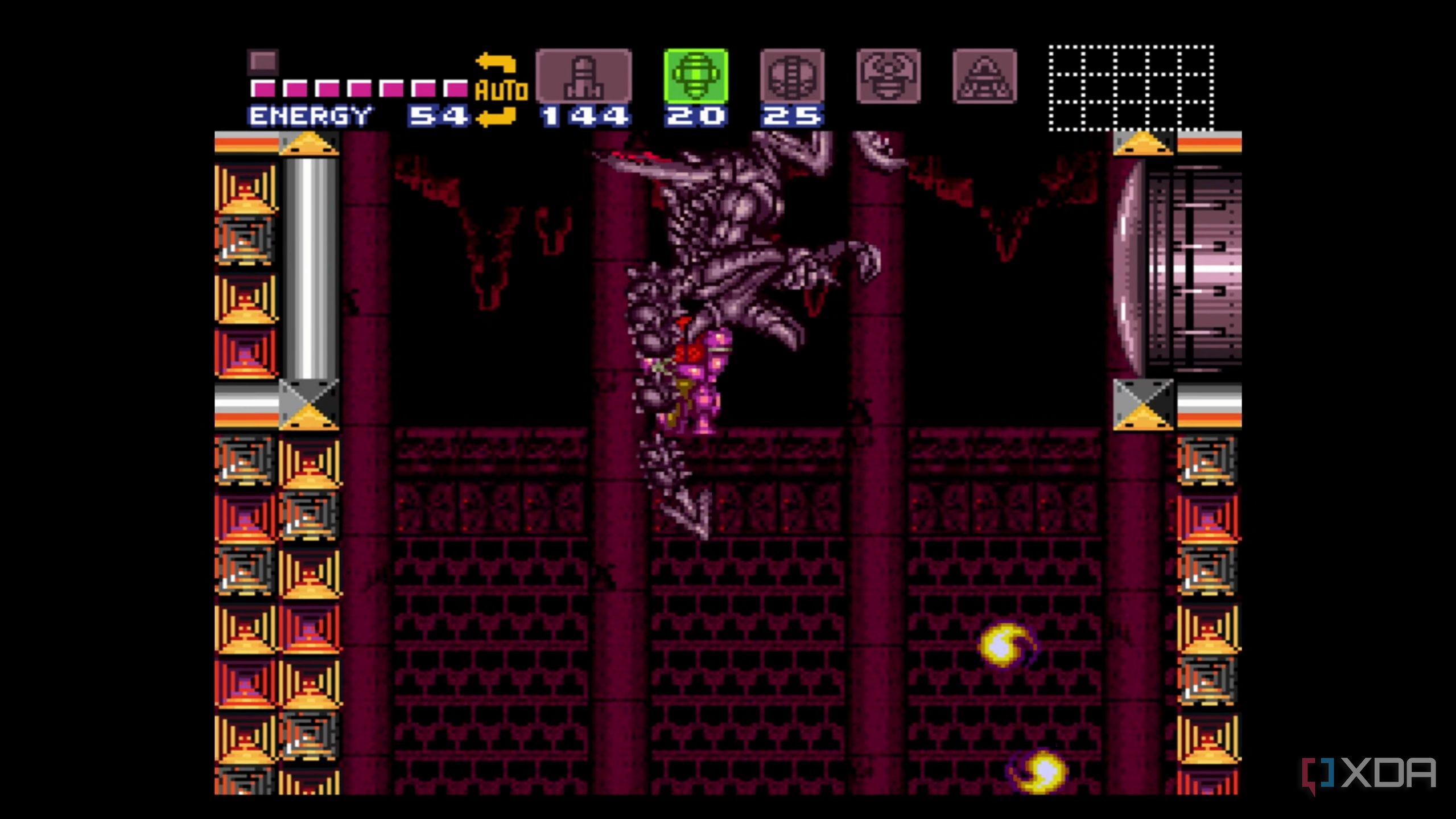 The boss battle against Ridley in Super Metroid, running on SNES9x.