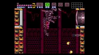The boss battle against Ridley in Super Metroid, running on SNES9x.