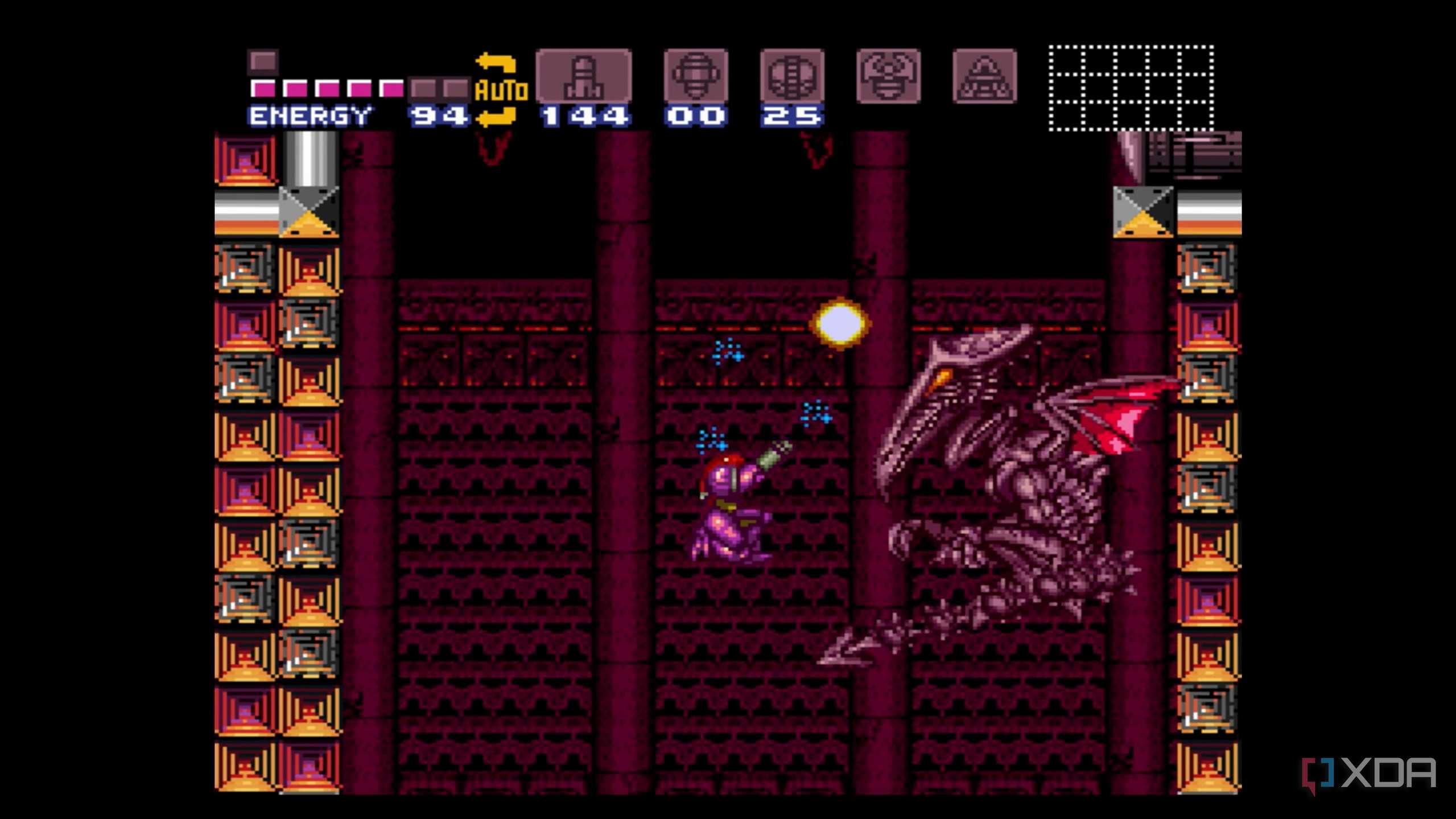 The boss battle against Ridley in Super Metroid, running on SNES9x.