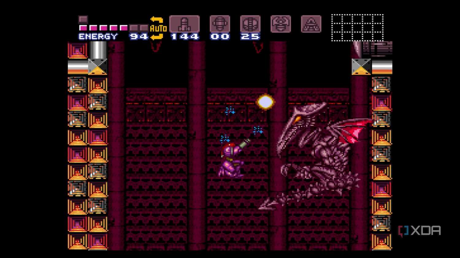 The boss battle against Ridley in Super Metroid, running on SNES9x.
