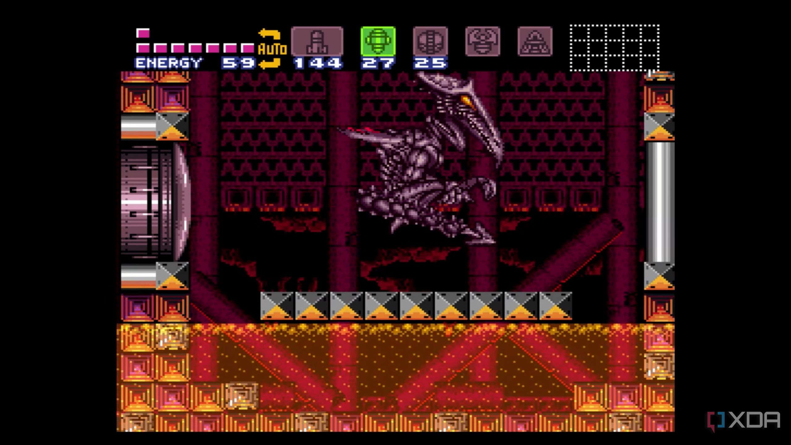 The boss battle against Ridley in Super Metroid, running on SNES9x.