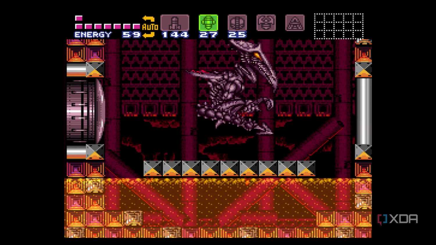The boss battle against Ridley in Super Metroid, running on SNES9x.