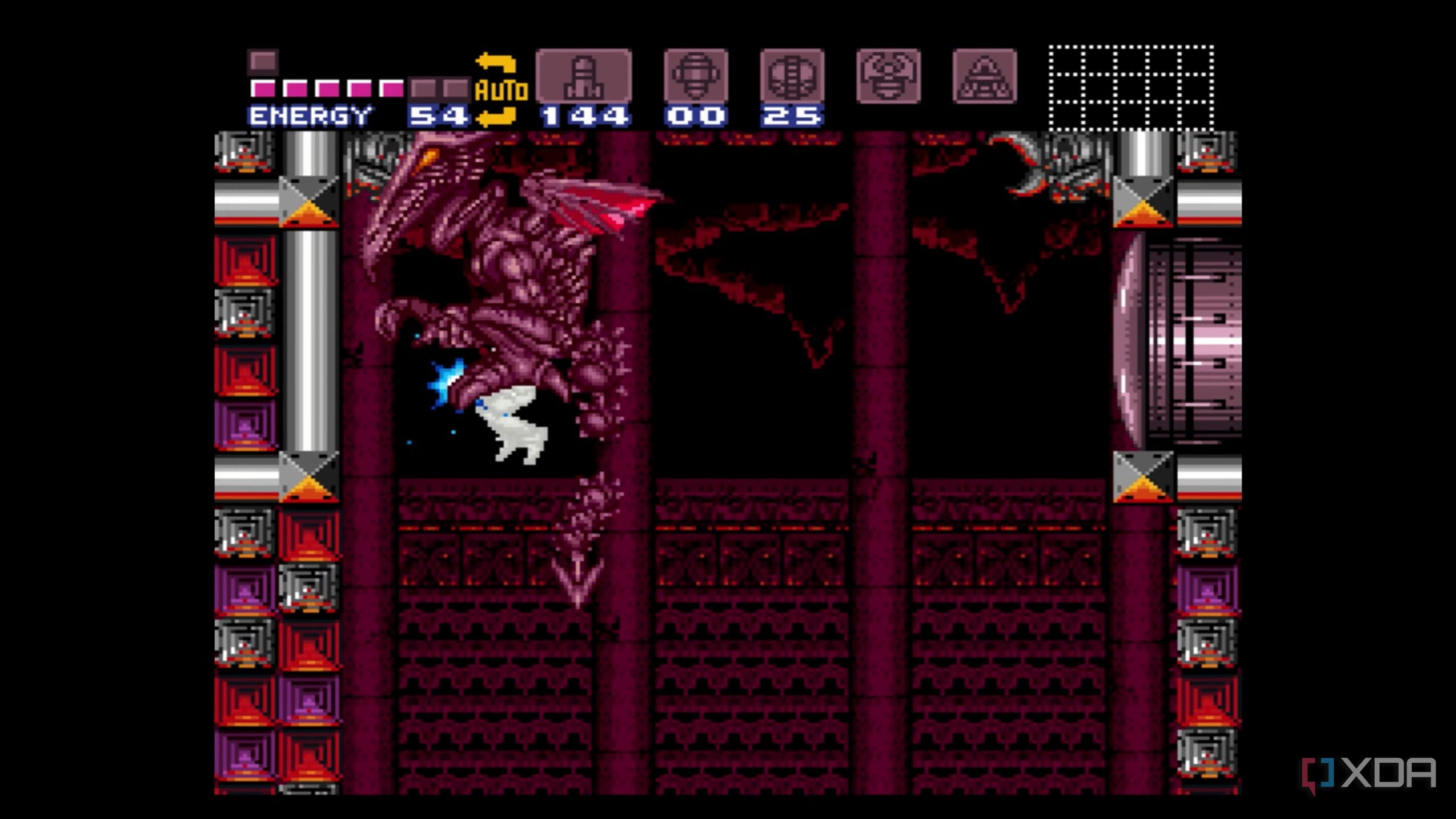 The boss battle against Ridley in Super Metroid, running on SNES9x.