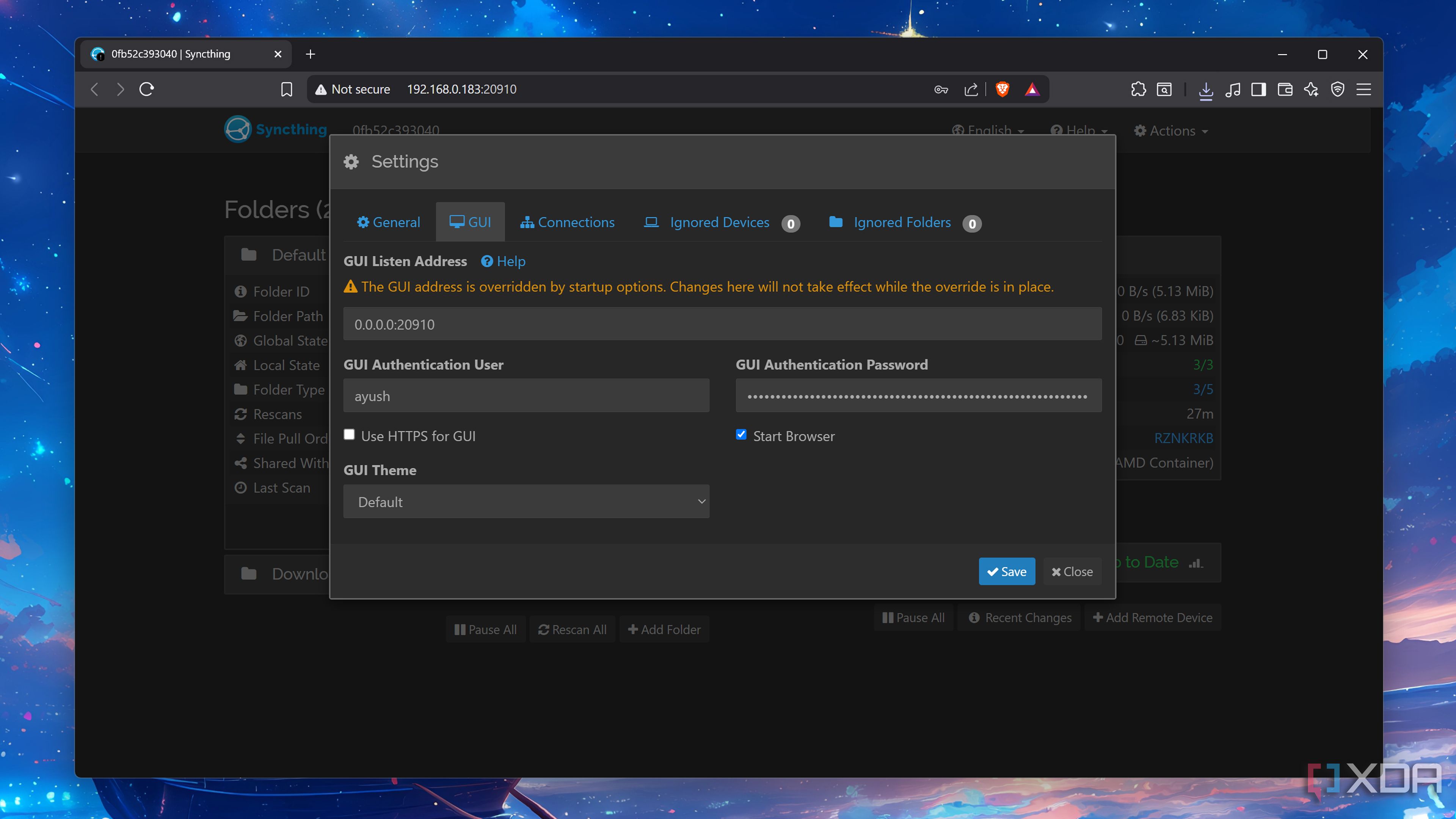 Setting a password in Syncthing
