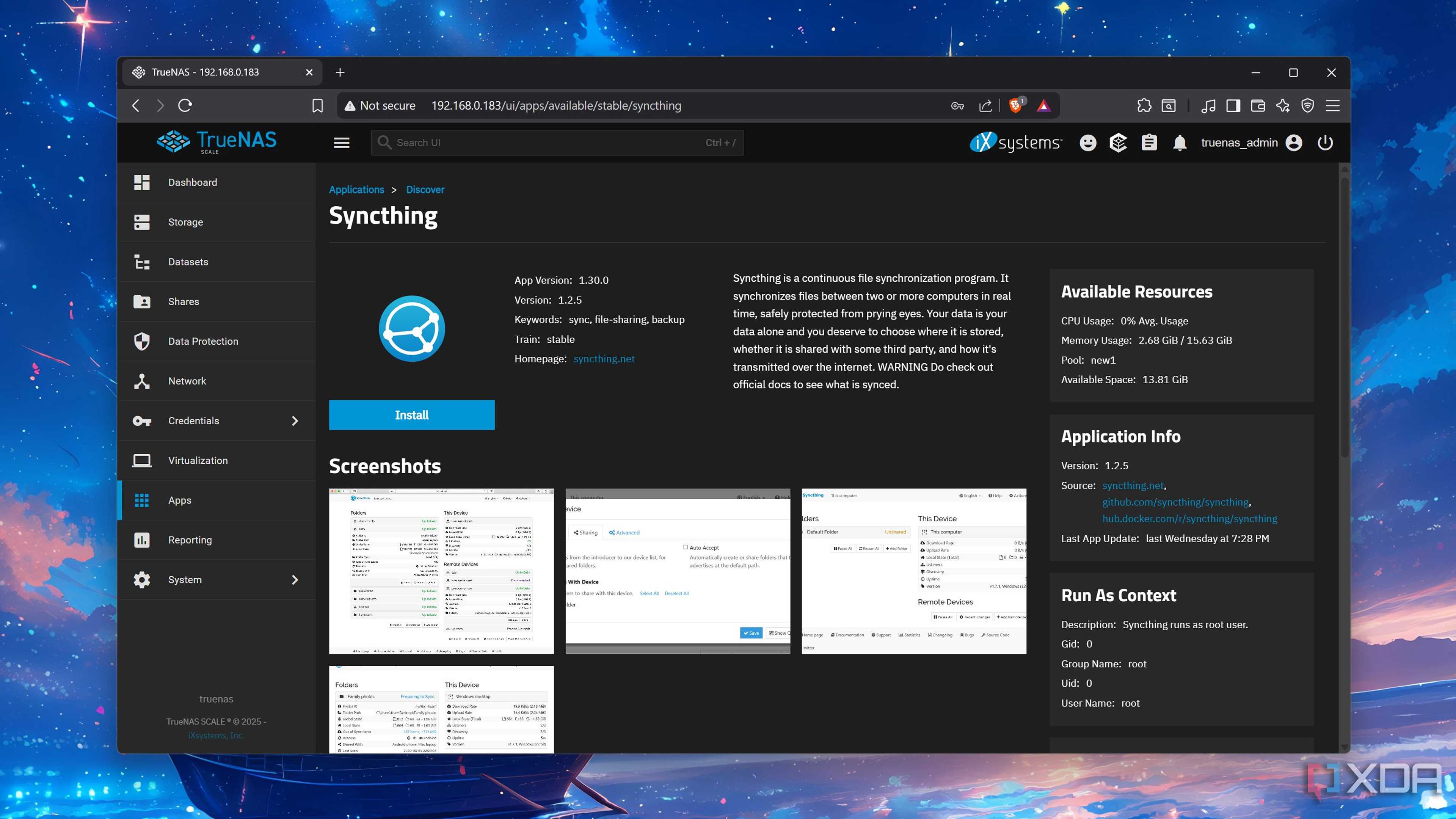 The Syncthing tab in TrueNAS Scale