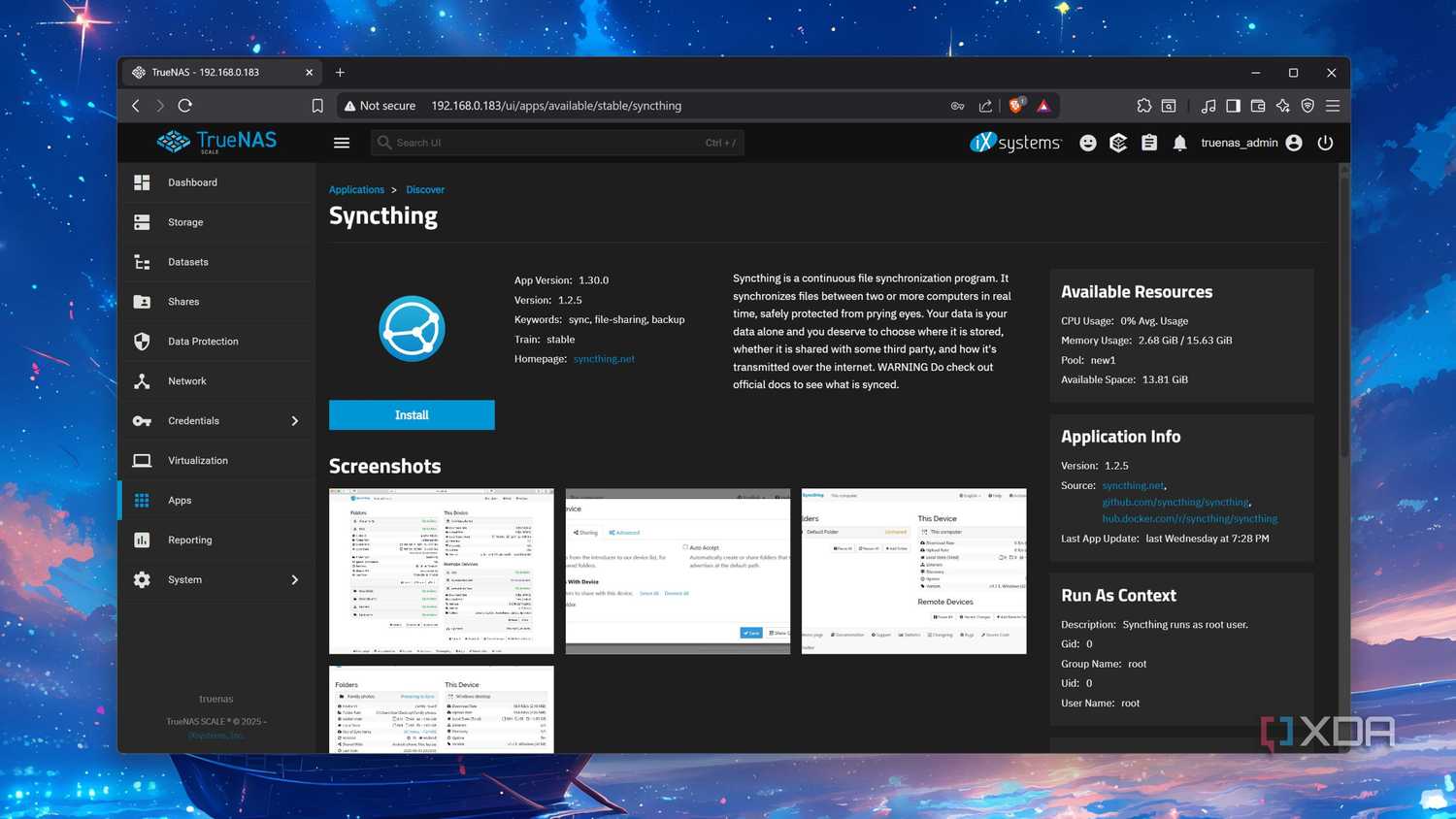 The Syncthing tab in TrueNAS Scale