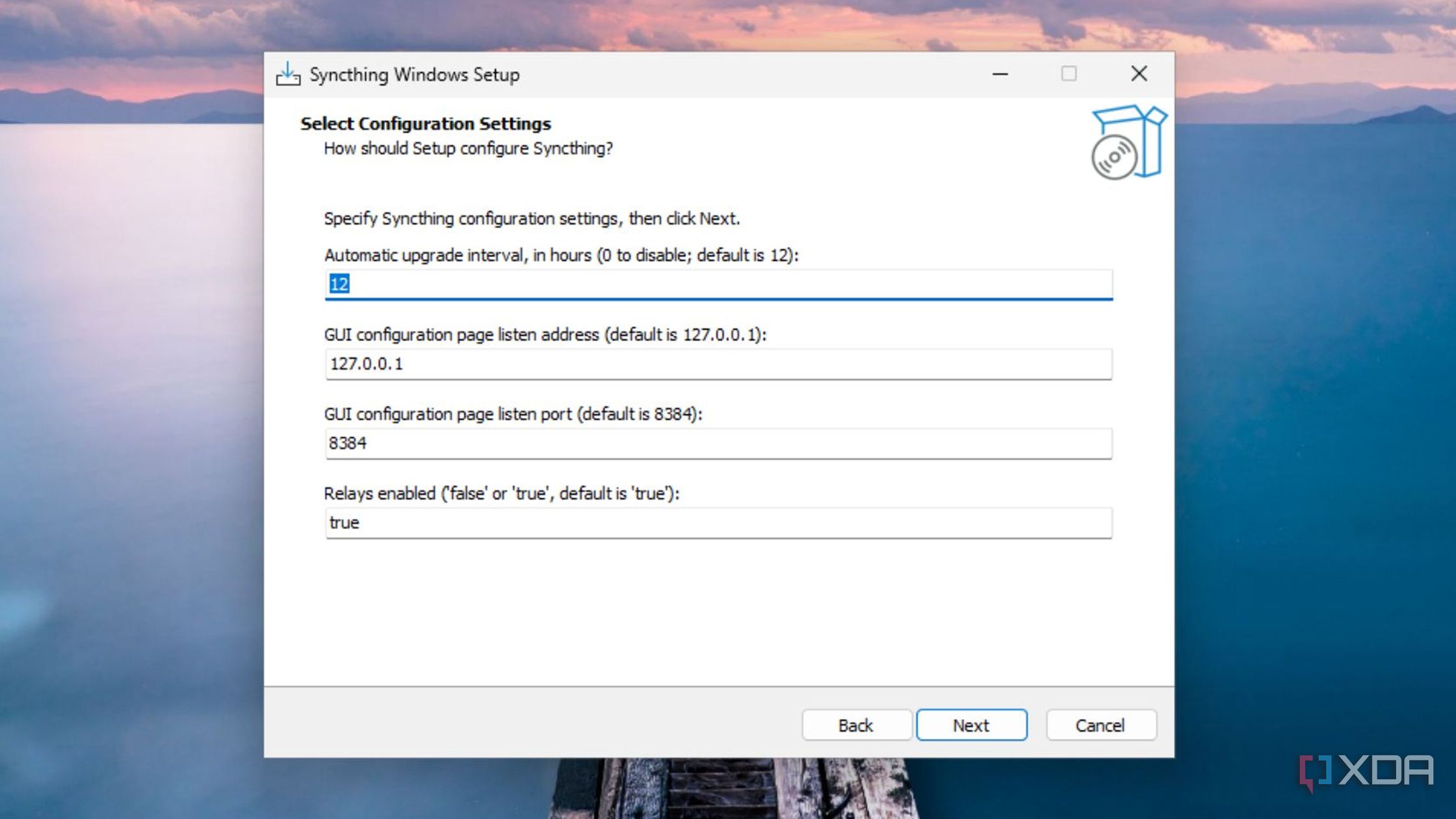 Selecting the configuration settings in Syncthing